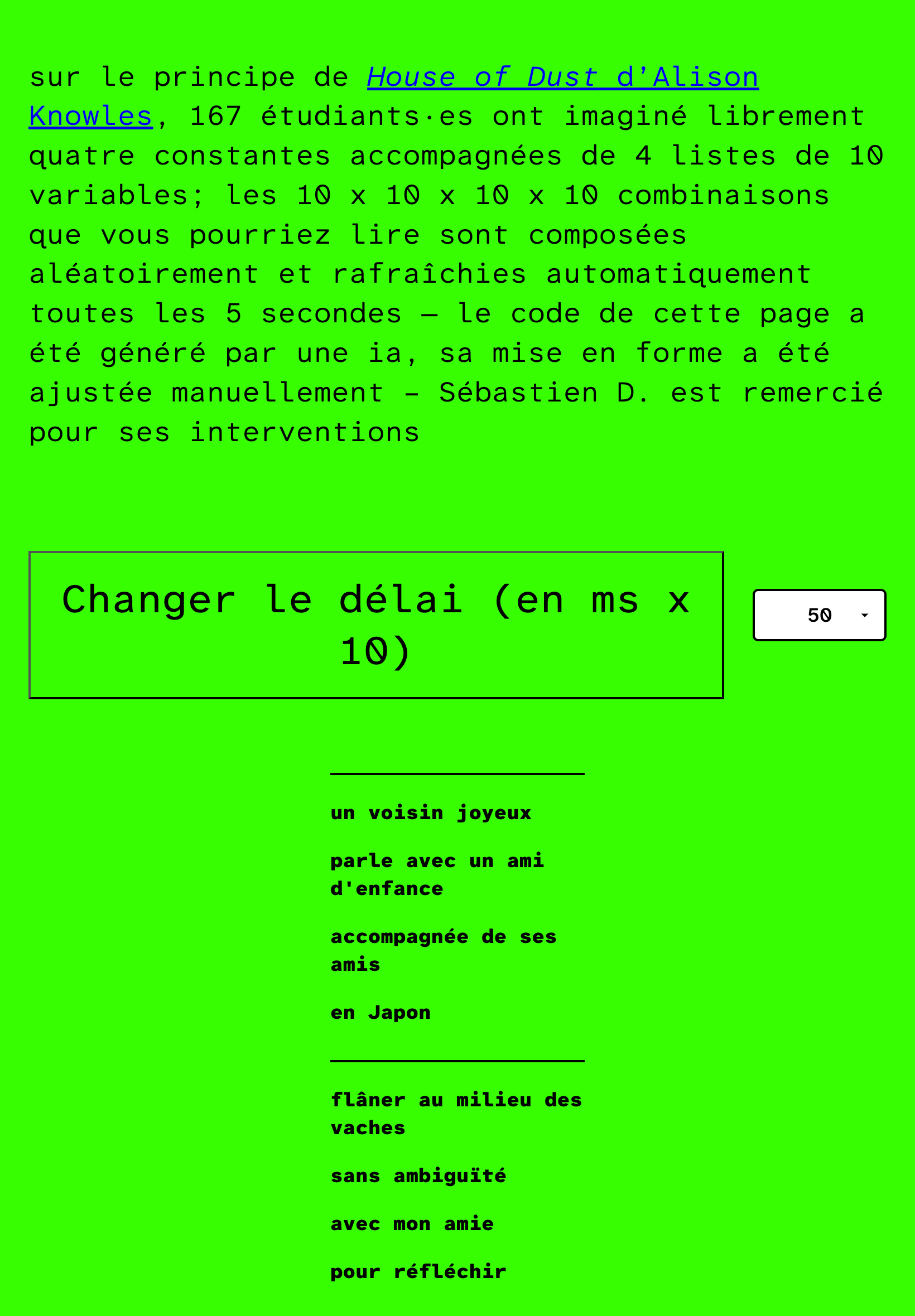 Page vert fluo avec un texte d'introduction suivi d'un rectangle et un bouton '50', suivi de carrés centrer sur la page qui reprennent une phrase sur 4 lignes.